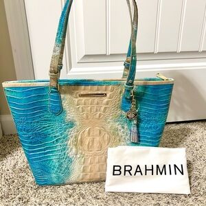 NEW Brahmin Medium Asher OCEAN OMBRE MELBOURNE Leather w/ Dustbin Tan Blue